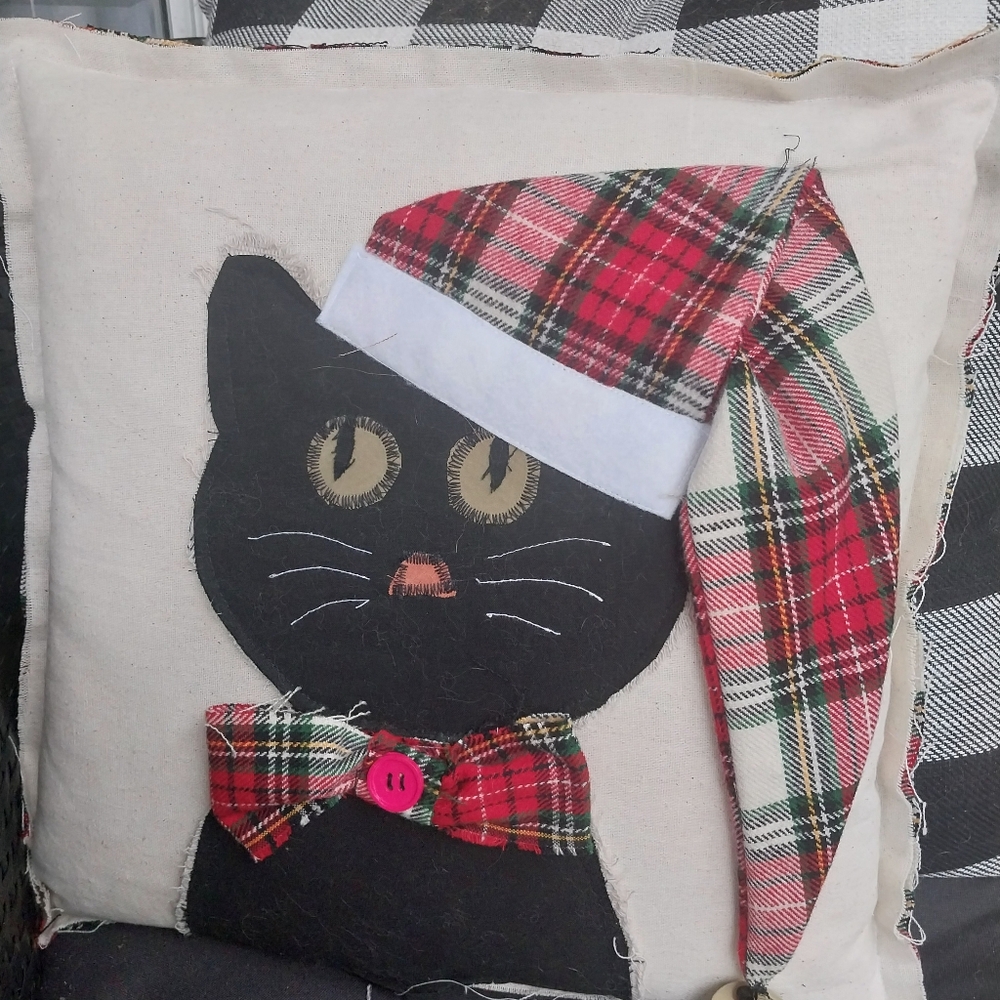 Festive handmade Christmas Cat Pillow with Plaid Hat/Bell
